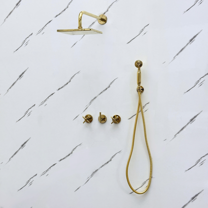 Unlacquered Brass Shower System with Adjustable Flat Square Rain Shower Head, Handheld Shower Head and Cross Handles