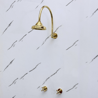 Unlacquered Brass Shower System with Adjustable Round Rain Shower Head, Cross Handles and Arcuate Arm