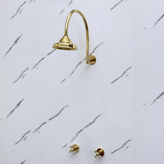 Unlacquered Brass Shower System with Adjustable Round Rain Shower Head, Cross Handles and Arcuate Arm