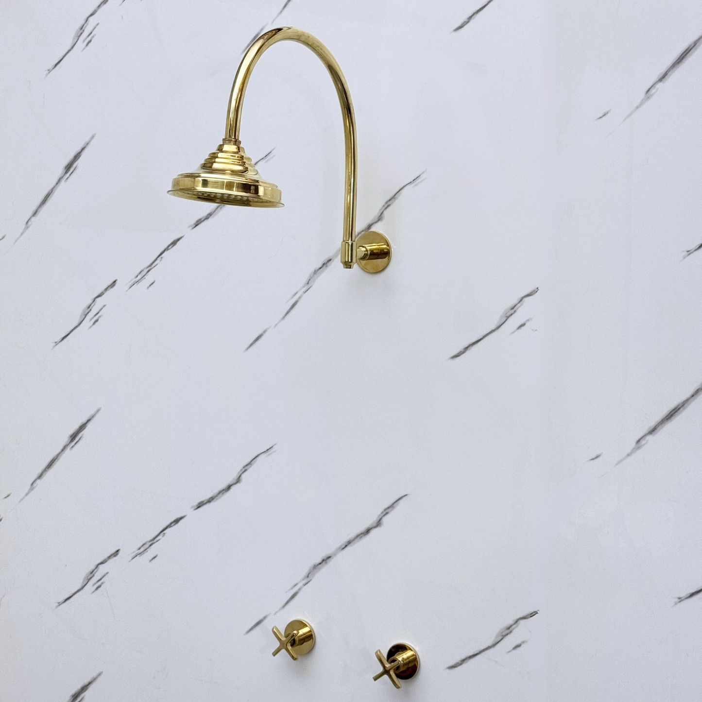 Unlacquered Brass Shower System with Adjustable Round Rain Shower Head, Cross Handles and Arcuate Arm