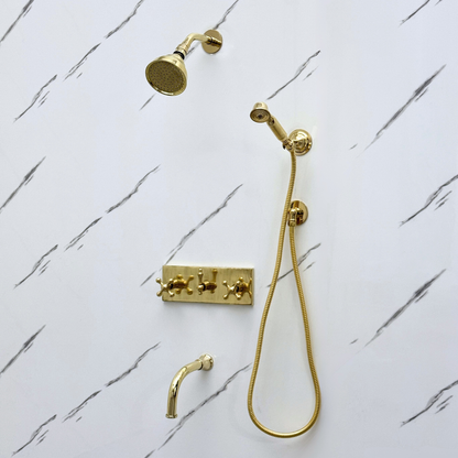 Unlacquered Brass Shower System with Adjustable Round Rain Shower Head, Handheld Shower Head, Central Brass Plaque, Tub Filler and Cross Handles
