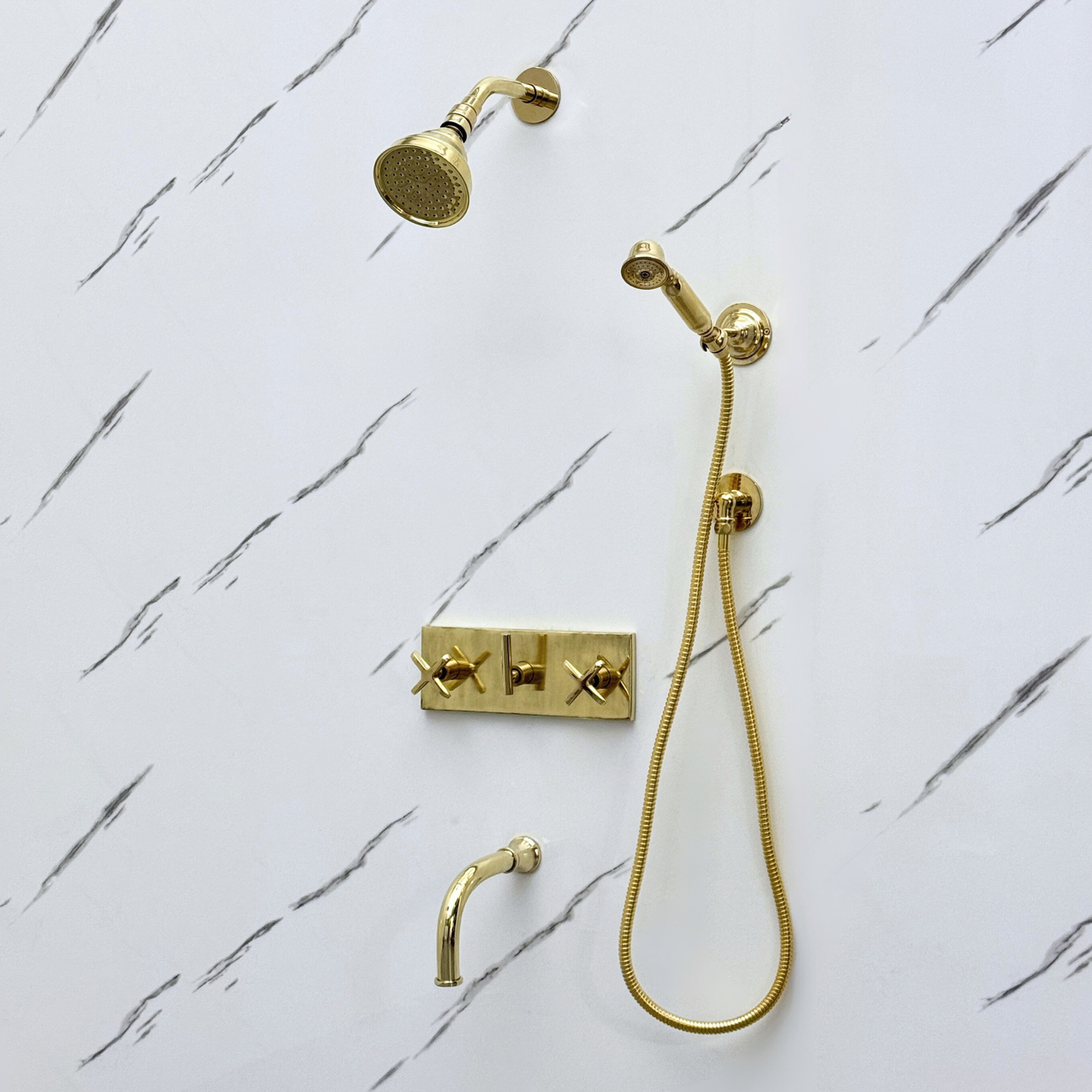 Unlacquered Brass Shower System with Adjustable Round Rain Shower Head, Handheld Shower Head, Central Brass Plaque, Tub Filler and Cross Handles