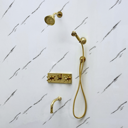 Unlacquered Brass Shower System with Adjustable Round Rain Shower Head, Handheld Shower Head, Central Brass Plaque, Tub Filler and Cross Handles