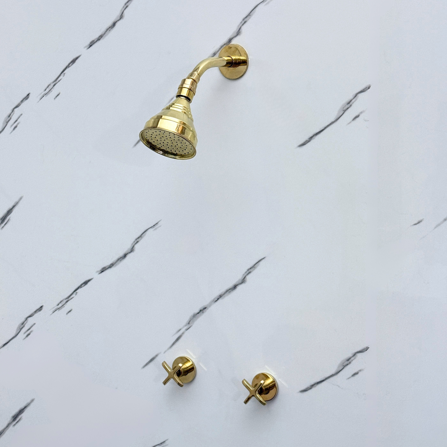 Unlacquered Brass Shower System with Adjustable Round Rain Shower Head, Short Arm and Cross Handles