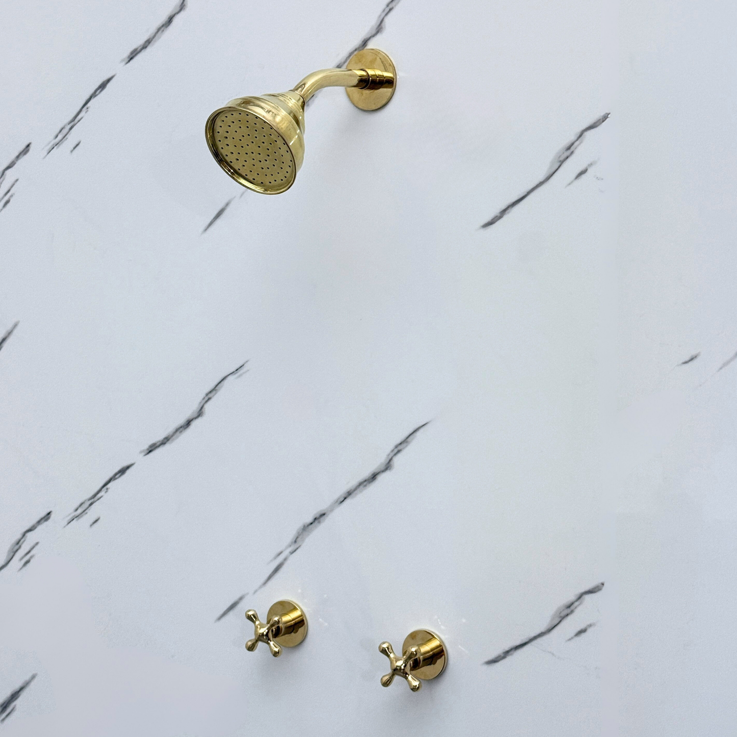 Unlacquered Brass Shower System with Adjustable Round Rain Shower Head, Short Arm and Cross Handles