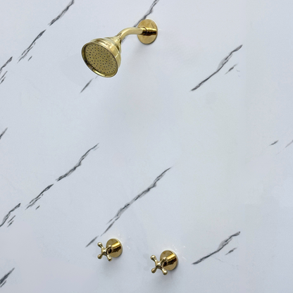 Unlacquered Brass Shower System with Adjustable Round Rain Shower Head, Short Arm and Cross Handles