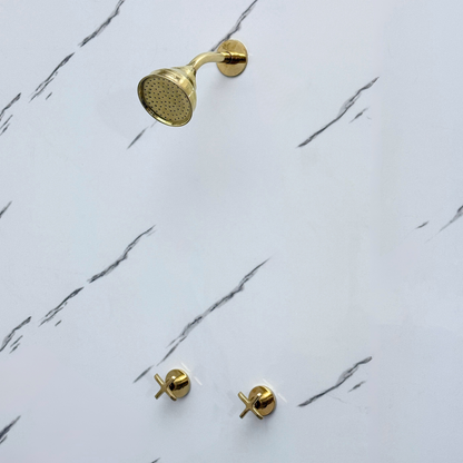 Unlacquered Brass Shower System with Adjustable Round Rain Shower Head, Short Arm and Cross Handles