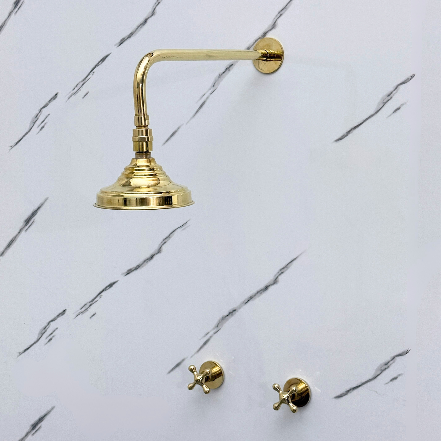 Unlacquered Brass Shower System with Adjustable Round Rain Shower Head, Cross Handles and Straight Arm