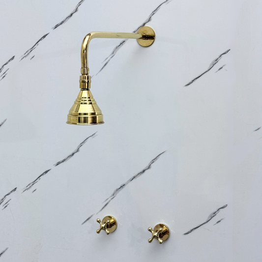 Unlacquered Brass Shower System with Adjustable Round Rain Shower Head, Straight Arm and Cross Handles