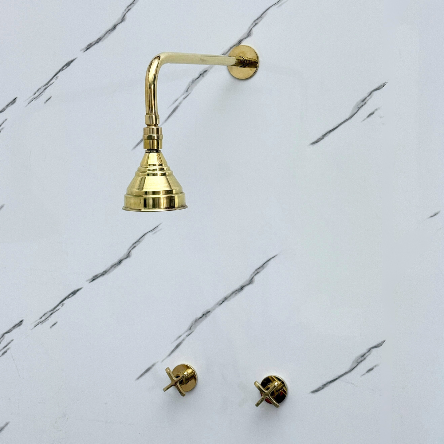 Unlacquered Brass Shower System with Adjustable Round Rain Shower Head, Straight Arm and Cross Handles