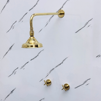 Unlacquered Brass Shower System with Adjustable Round Rain Shower Head, Cross Handles and Straight Arm