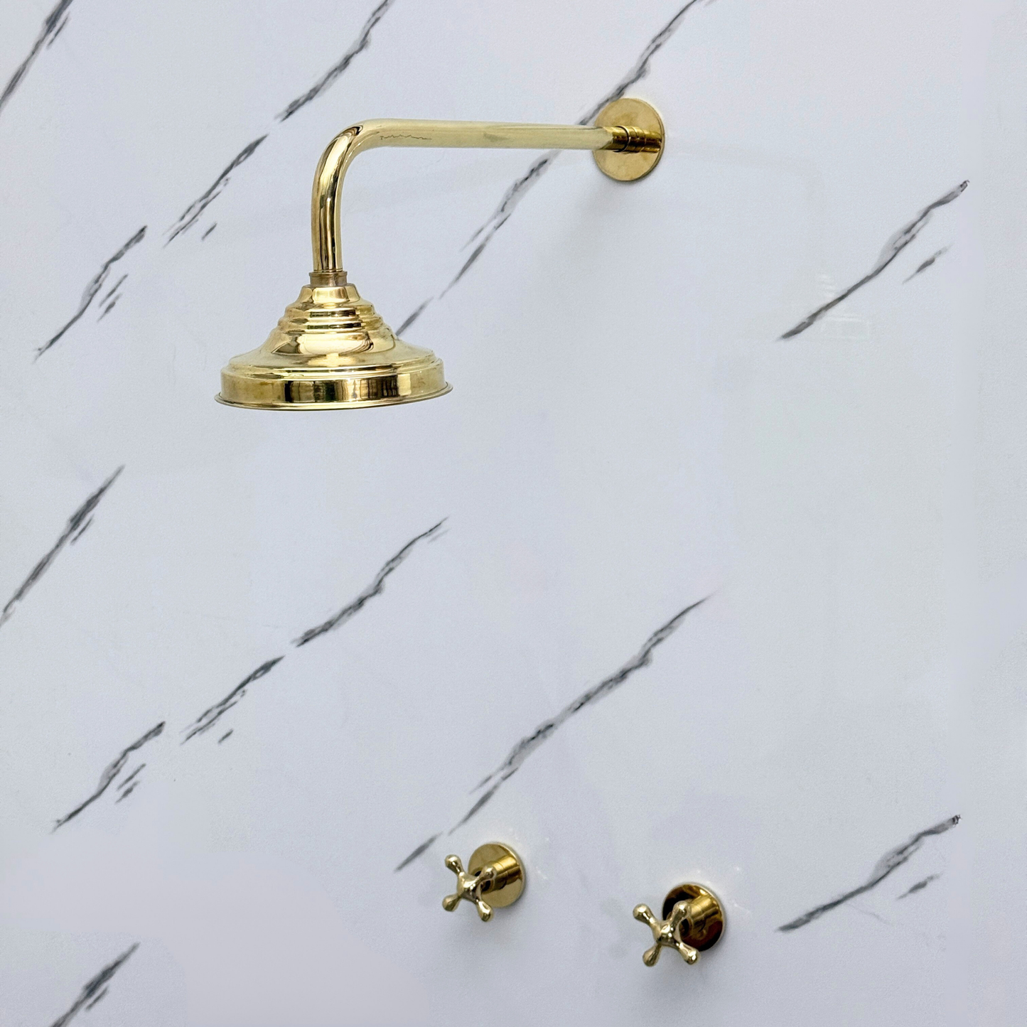 Unlacquered Brass Shower System with Adjustable Round Rain Shower Head, Cross Handles and Straight Arm