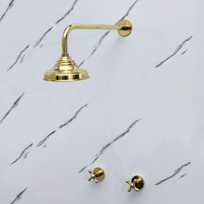 Unlacquered Brass Shower System with Adjustable Round Rain Shower Head, Cross Handles and Straight Arm