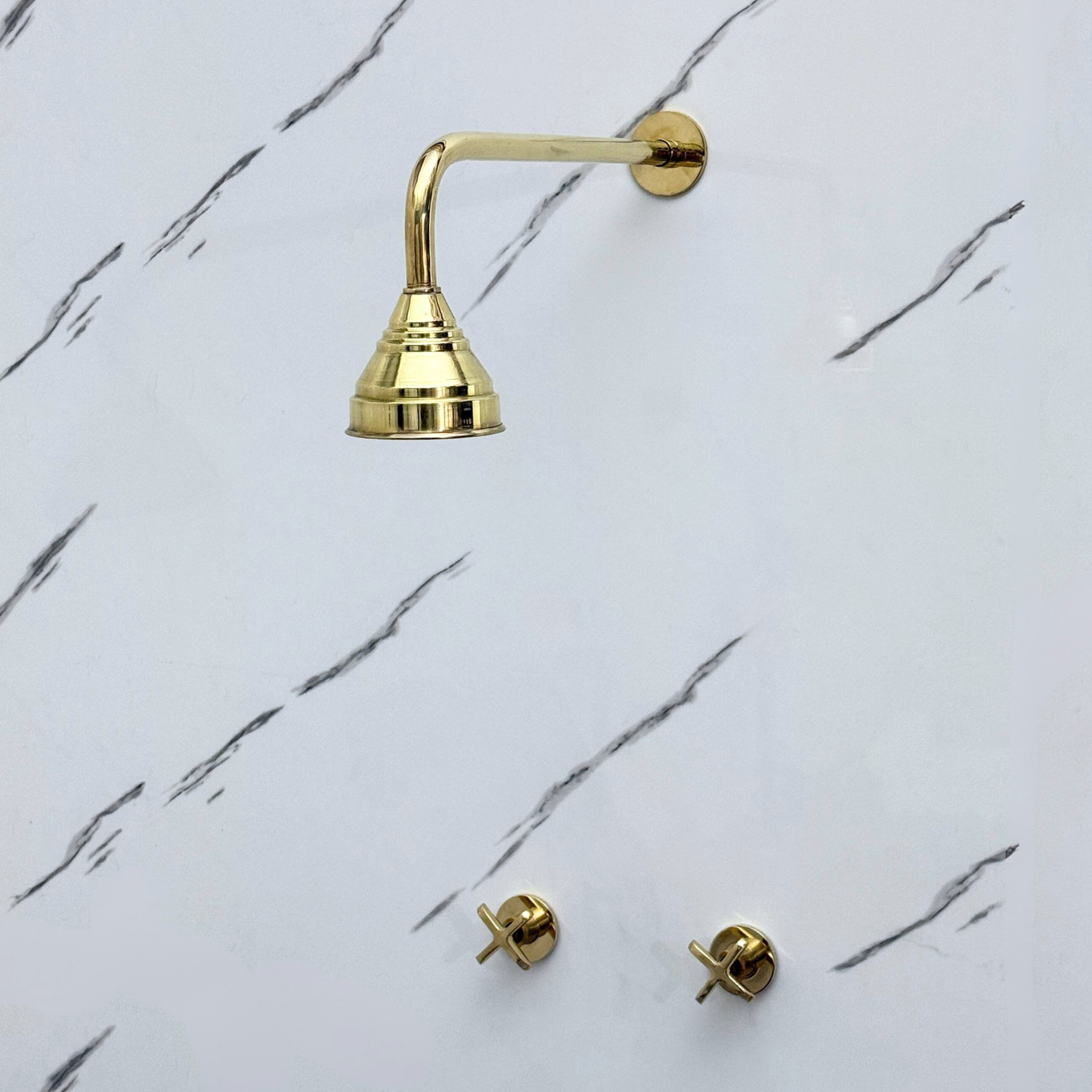 Unlacquered Brass Shower System with Adjustable Round Rain Shower Head, Straight Arm and Cross Handles