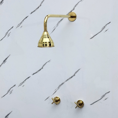 Unlacquered Brass Shower System with Adjustable Round Rain Shower Head, Straight Arm and Cross Handles