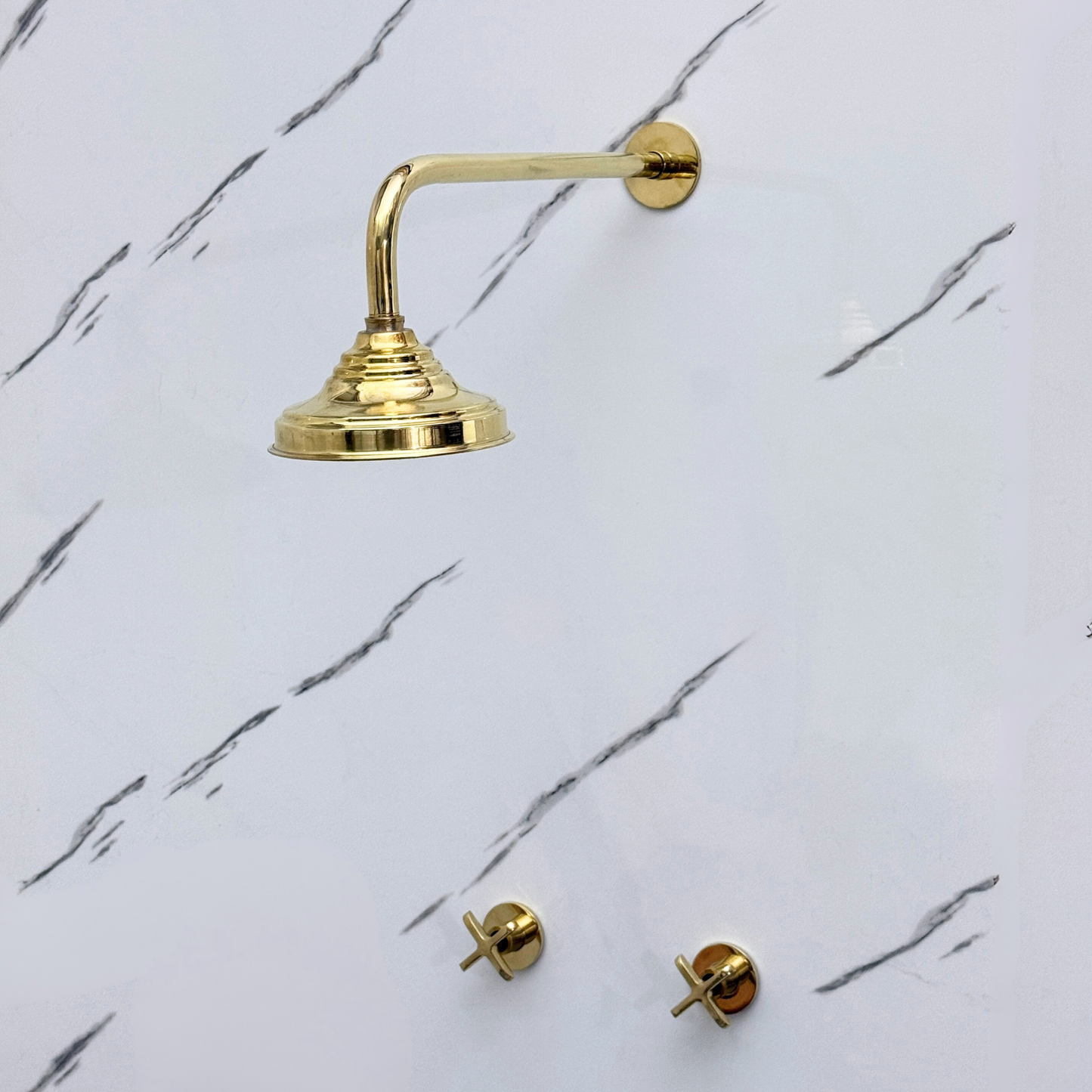 Unlacquered Brass Shower System with Adjustable Round Rain Shower Head, Cross Handles and Straight Arm
