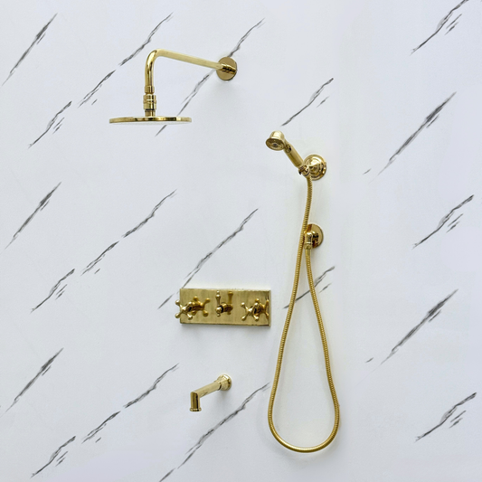 Unlacquered Brass Shower System with Flat Adjustable Round Rain Shower Head, Handheld Shower Head, Central Brass Plaque, Tub Filler and Cross Handles