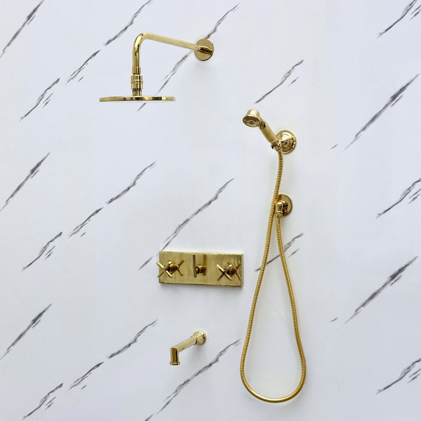 Unlacquered Brass Shower System with Flat Adjustable Round Rain Shower Head, Handheld Shower Head, Central Brass Plaque, Tub Filler and Cross Handles