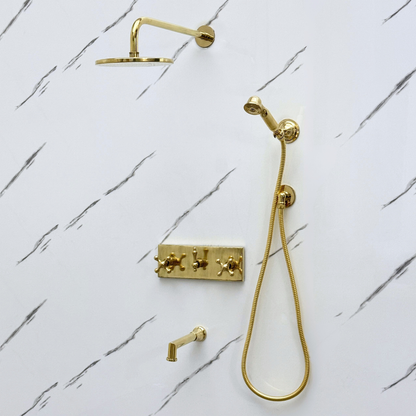 Unlacquered Brass Shower System with Flat Adjustable Round Rain Shower Head, Handheld Shower Head, Central Brass Plaque, Tub Filler and Cross Handles