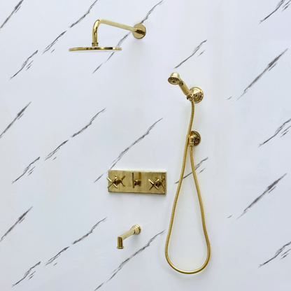 Unlacquered Brass Shower System with Flat Adjustable Round Rain Shower Head, Handheld Shower Head, Central Brass Plaque, Tub Filler and Cross Handles