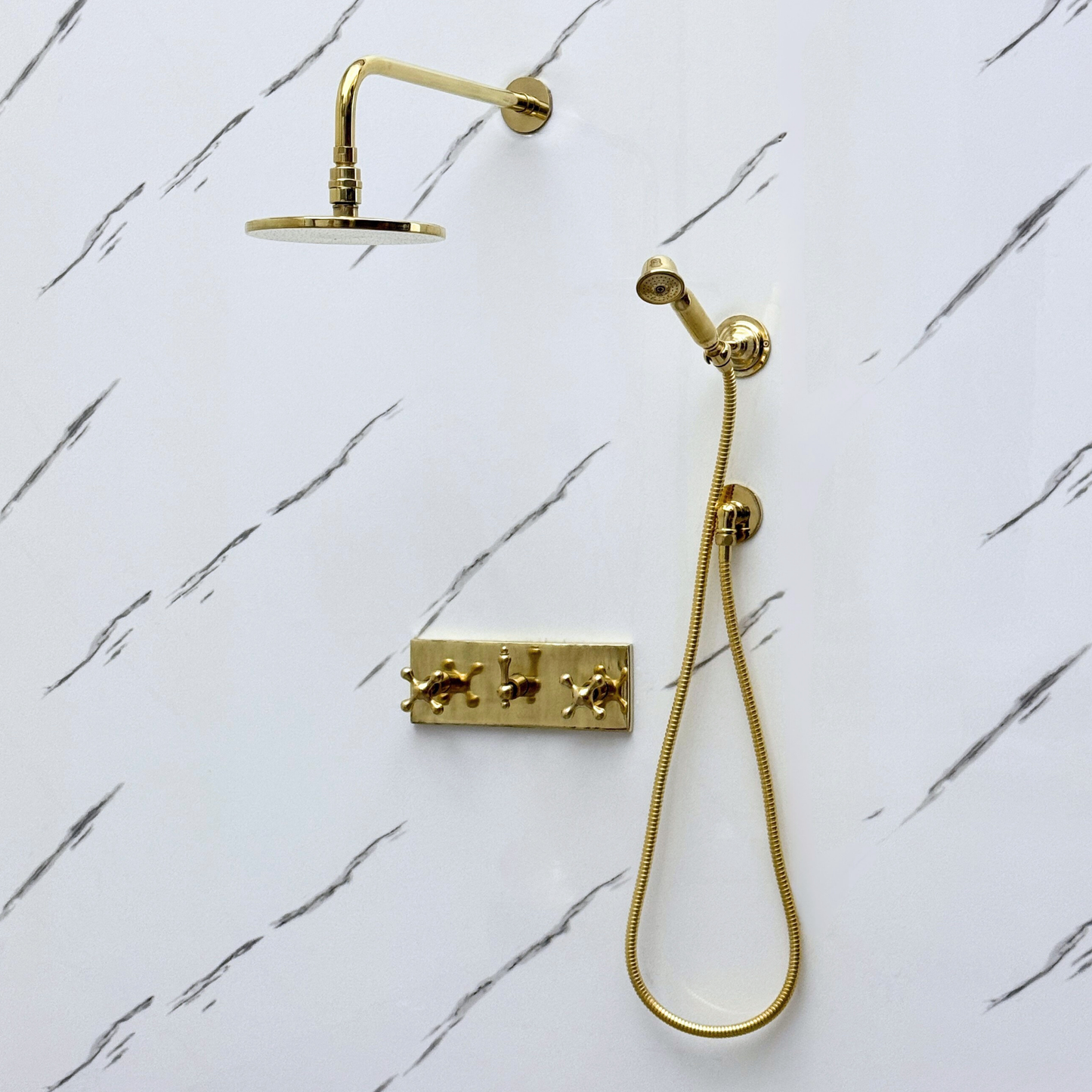 Unlacquered Brass Shower System with Flat Round Rain, Adjustable Shower Head, Handheld Shower Head, Central Brass Plaque and Cross Handles