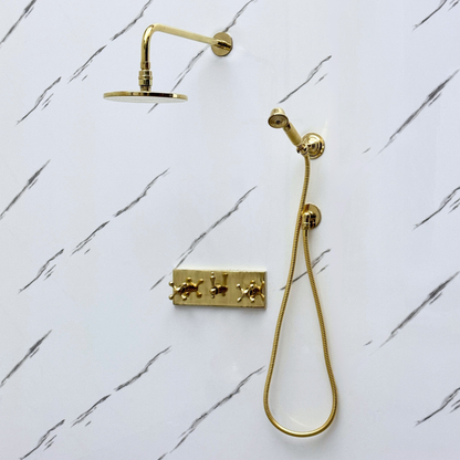Unlacquered Brass Shower System with Flat Round Rain, Adjustable Shower Head, Handheld Shower Head, Central Brass Plaque and Cross Handles