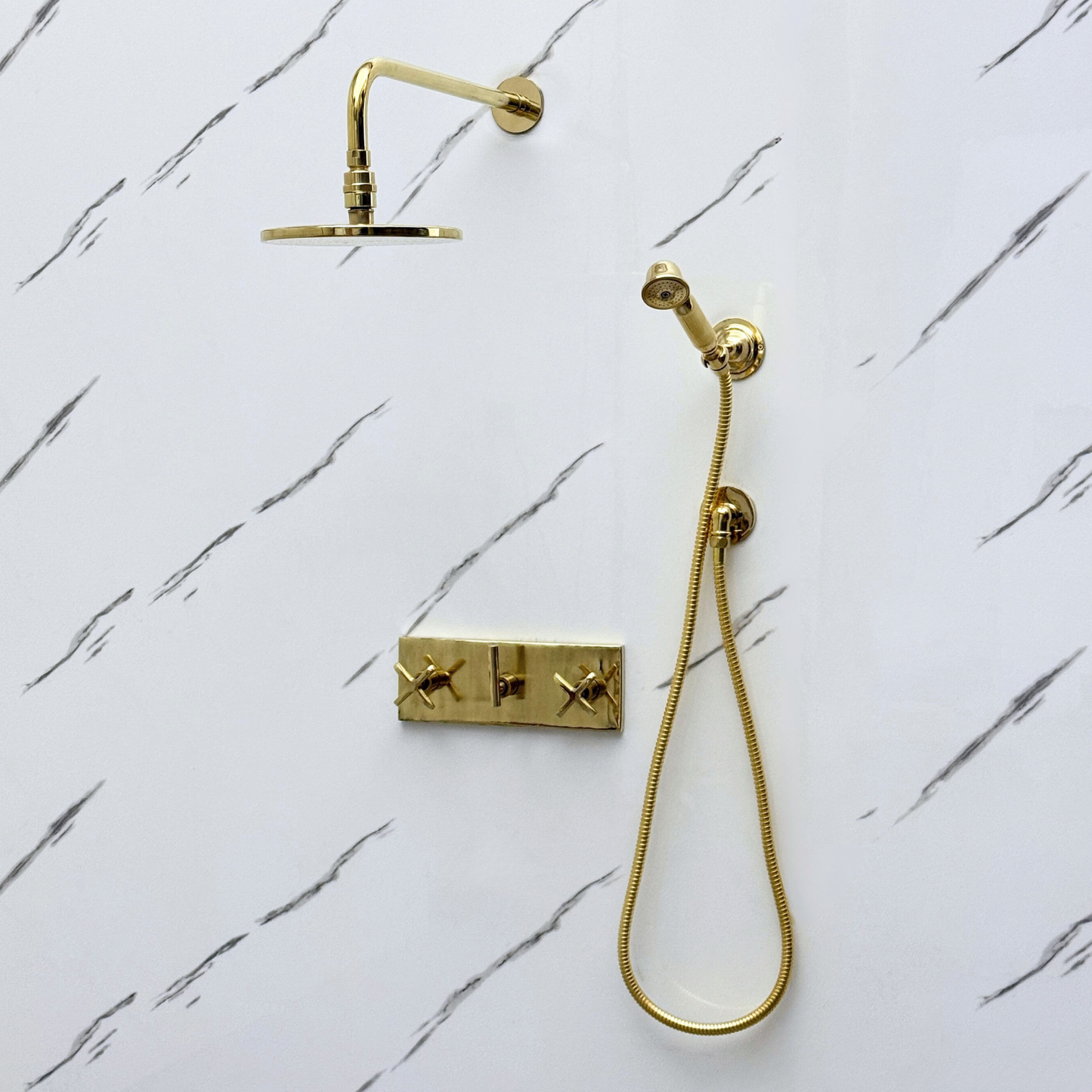 Unlacquered Brass Shower System with Flat Round Rain, Adjustable Shower Head, Handheld Shower Head, Central Brass Plaque and Cross Handles