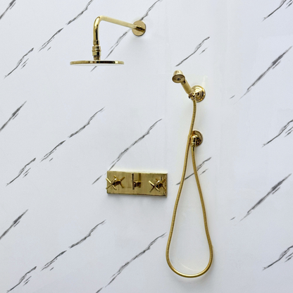 Unlacquered Brass Shower System with Flat Round Rain, Adjustable Shower Head, Handheld Shower Head, Central Brass Plaque and Cross Handles