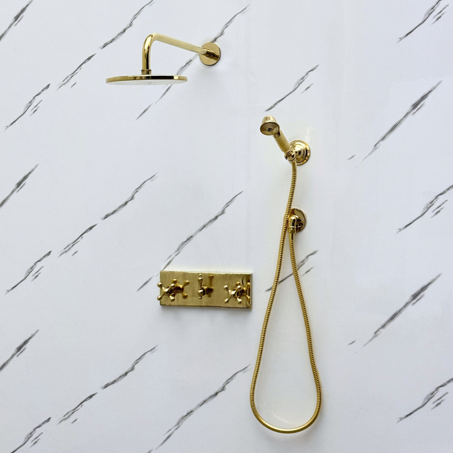 Unlacquered Brass Shower System with Flat Round Rain, Adjustable Shower Head, Handheld Shower Head, Central Brass Plaque and Cross Handles