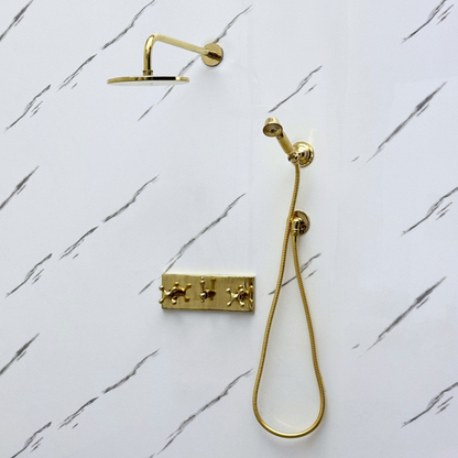 Unlacquered Brass Shower System with Flat Round Rain, Adjustable Shower Head, Handheld Shower Head, Central Brass Plaque and Cross Handles