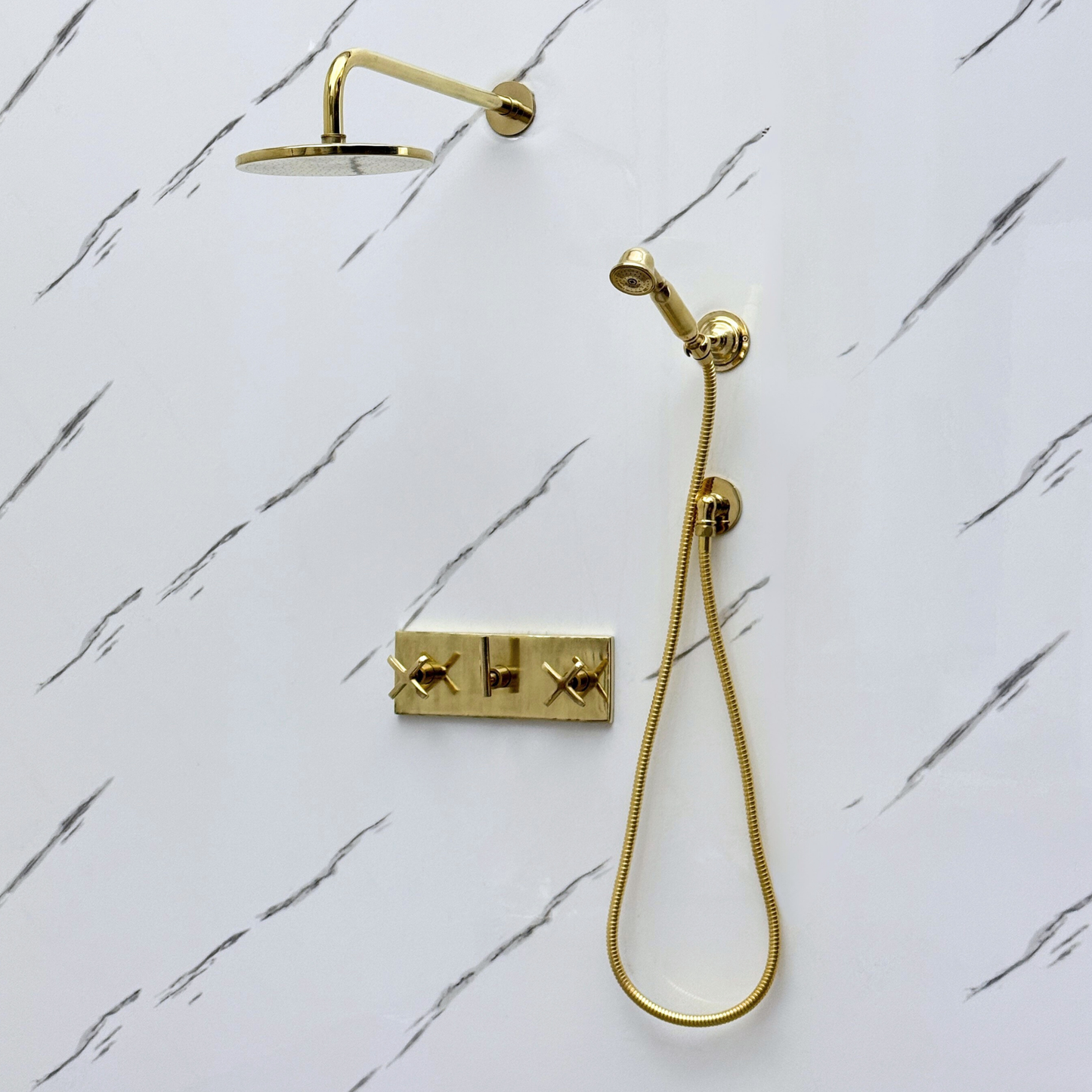 Unlacquered Brass Shower System with Flat Round Rain, Adjustable Shower Head, Handheld Shower Head, Central Brass Plaque and Cross Handles