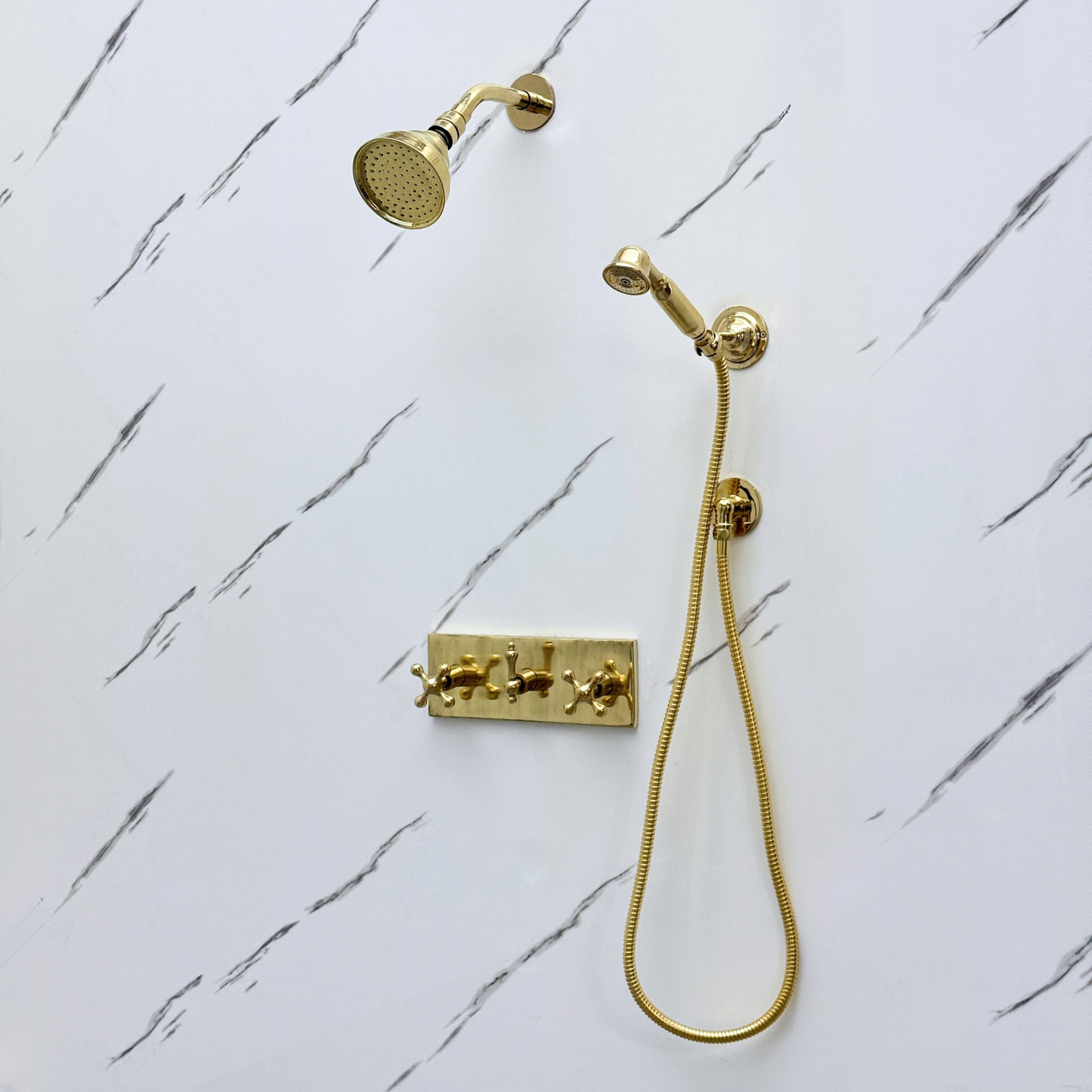 Unlacquered Brass Shower System with Round Rain Adjustable Shower Head, Handheld Shower Head, Central Brass Plaque and Cross Handles