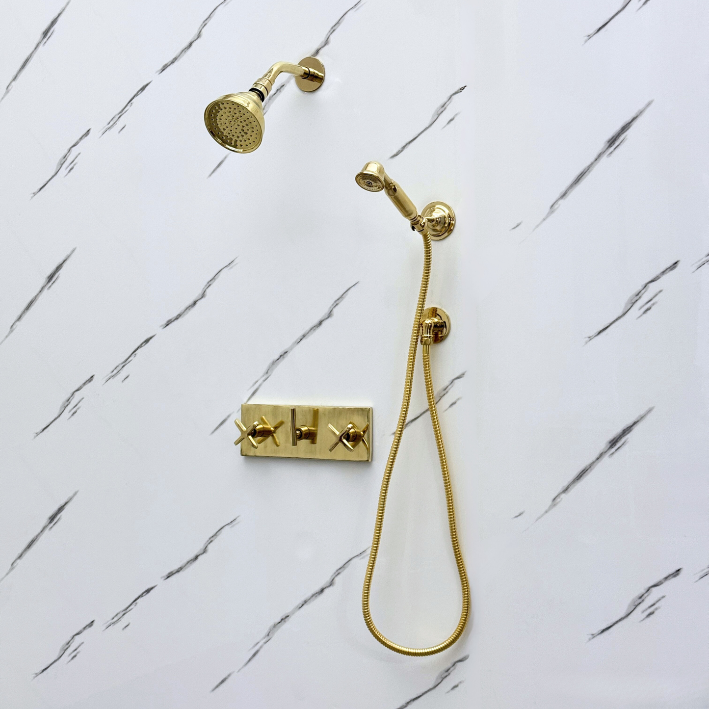 Unlacquered Brass Shower System with Round Rain Adjustable Shower Head, Handheld Shower Head, Central Brass Plaque and Cross Handles