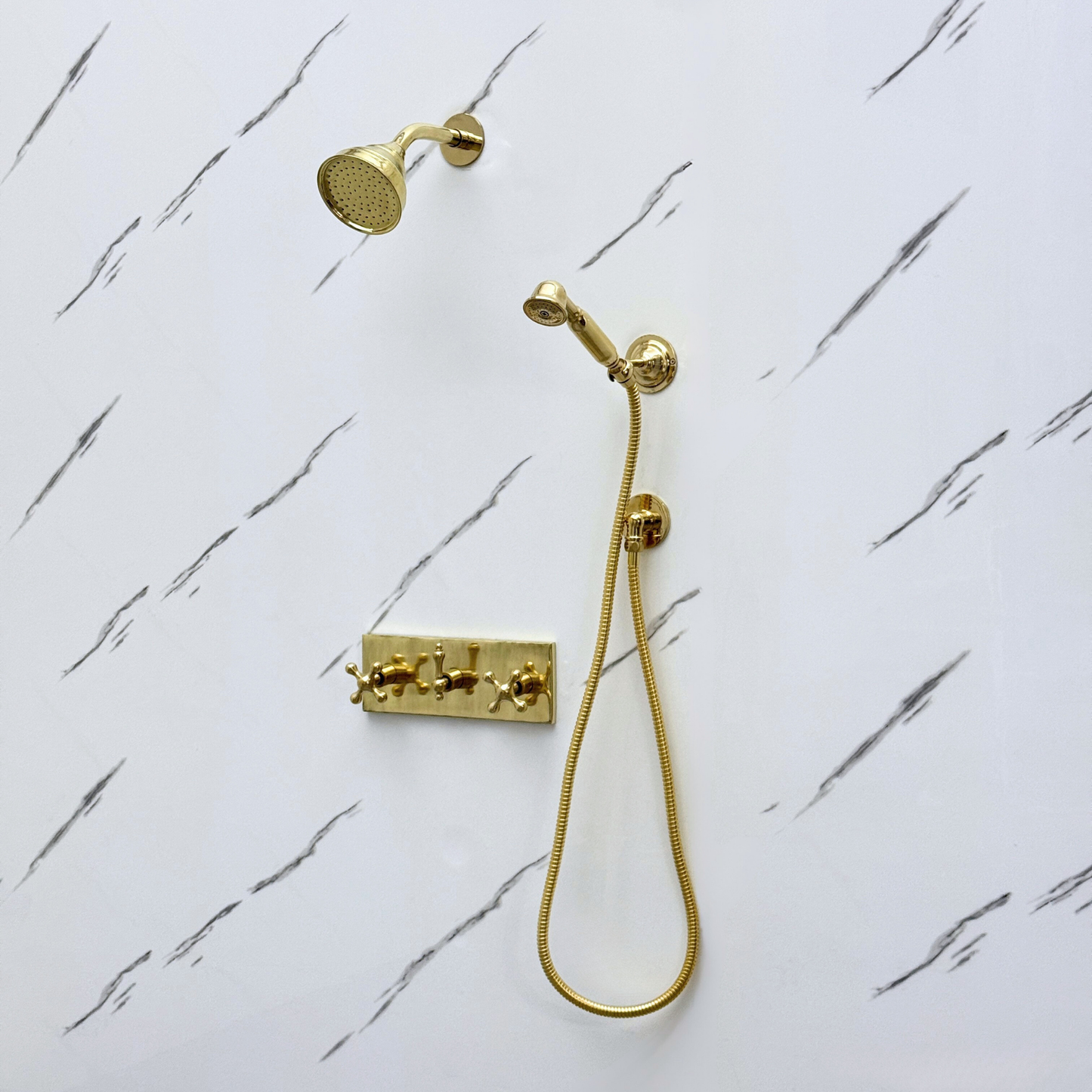 Unlacquered Brass Shower System with Round Rain Adjustable Shower Head, Handheld Shower Head, Central Brass Plaque and Cross Handles