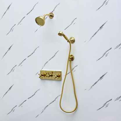 Unlacquered Brass Shower System with Round Rain Adjustable Shower Head, Handheld Shower Head, Central Brass Plaque and Cross Handles