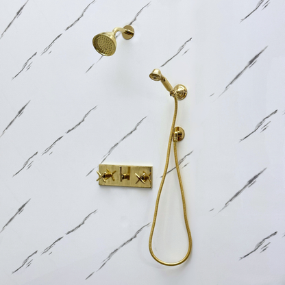 Unlacquered Brass Shower System with Round Rain Adjustable Shower Head, Handheld Shower Head, Central Brass Plaque and Cross Handles