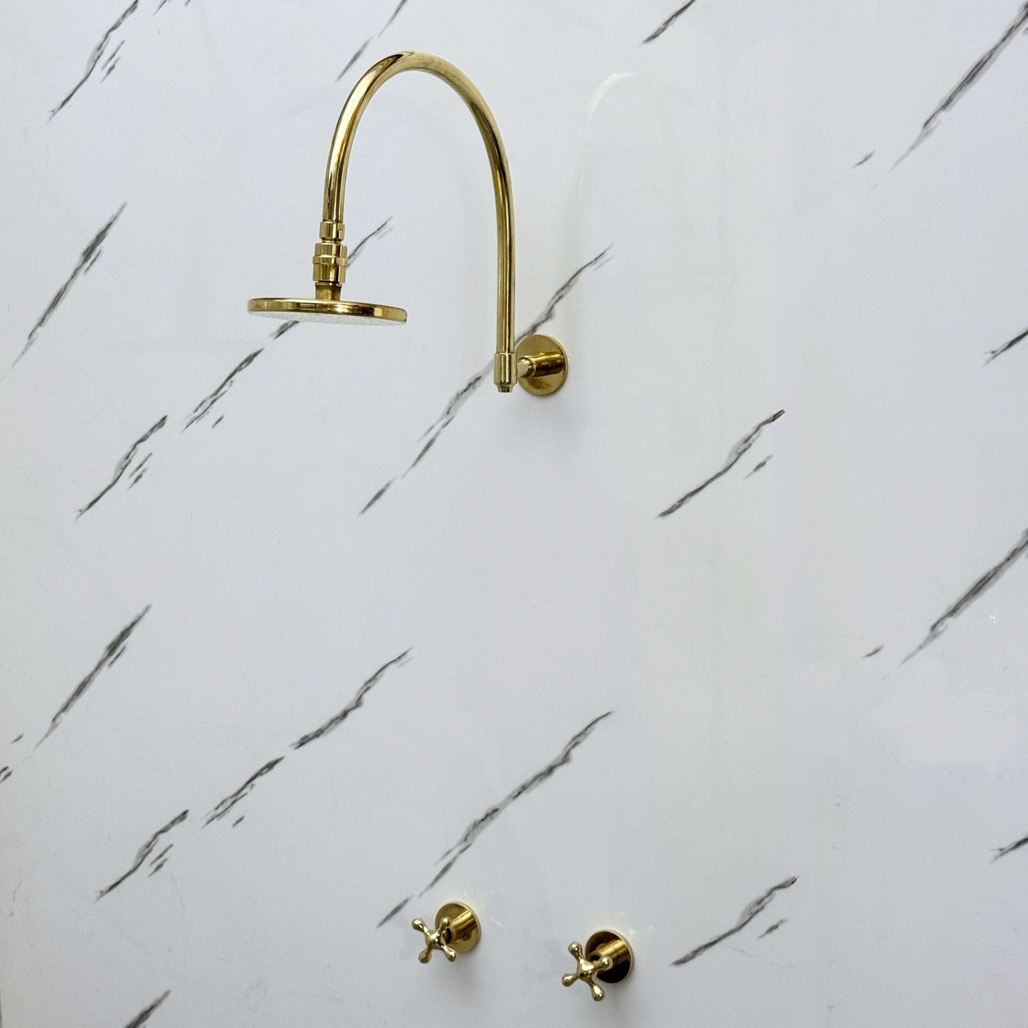 Unlacquered Brass Shower System with Adjustable Flat Round Rain Shower Head, Arcuate Arm and Cross Handles