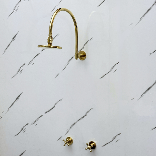 Unlacquered Brass Shower System with Adjustable Flat Round Rain Shower Head, Arcuate Arm and Cross Handles