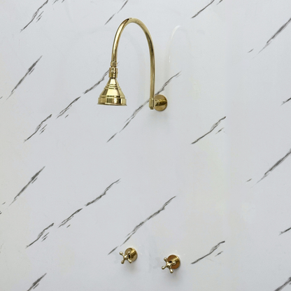 Unlacquered Brass Shower System with Adjustable Round Rain Shower Head, Arcuate Arm and Cross Handles