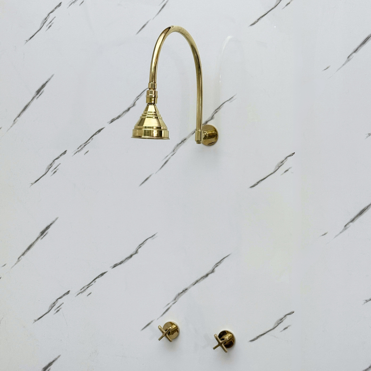 Unlacquered Brass Shower System with Adjustable Round Rain Shower Head, Arcuate Arm and Cross Handles