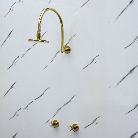 Unlacquered Brass Shower System with Adjustable Flat Round Rain Shower Head, Arcuate Arm and Cross Handles