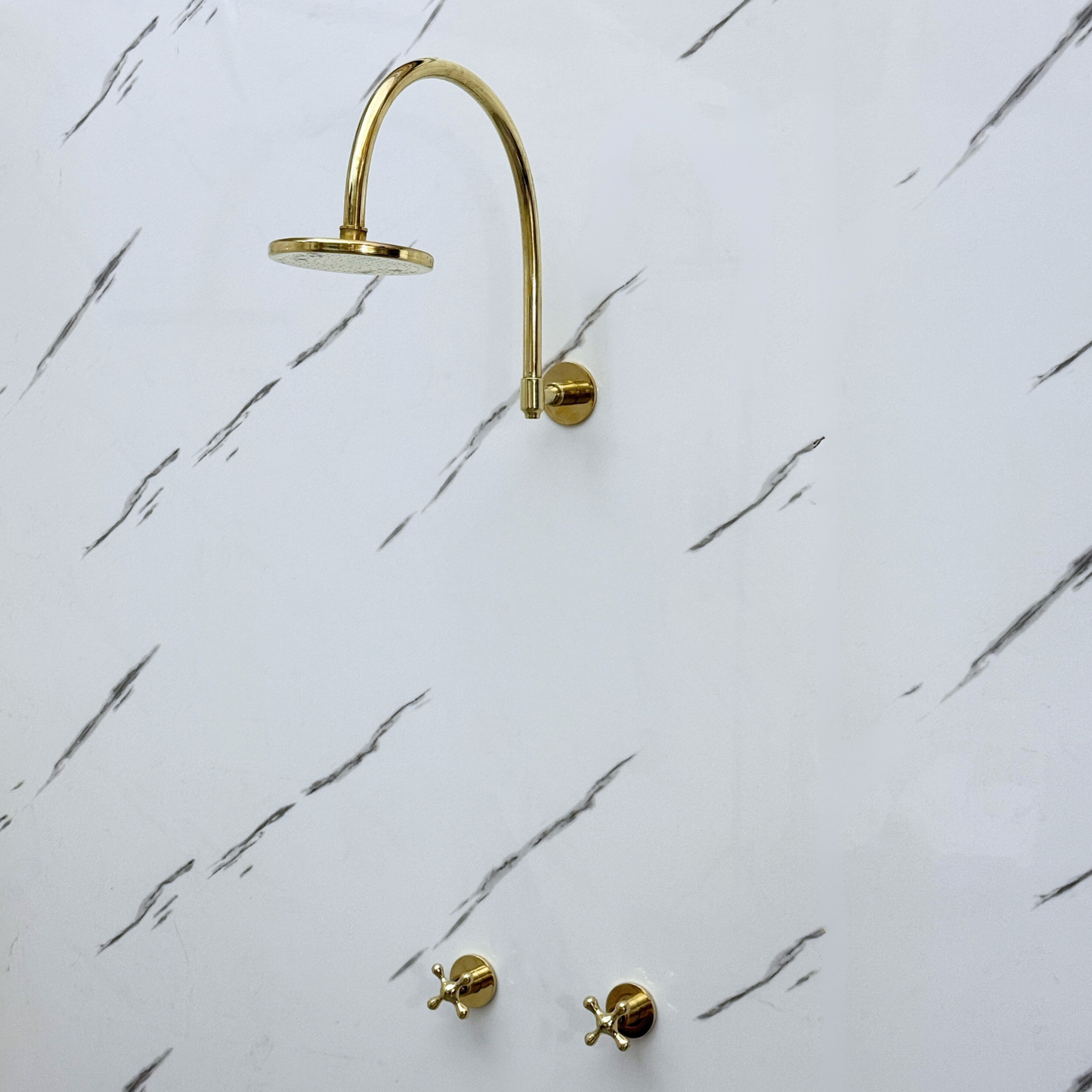 Unlacquered Brass Shower System with Adjustable Flat Round Rain Shower Head, Arcuate Arm and Cross Handles