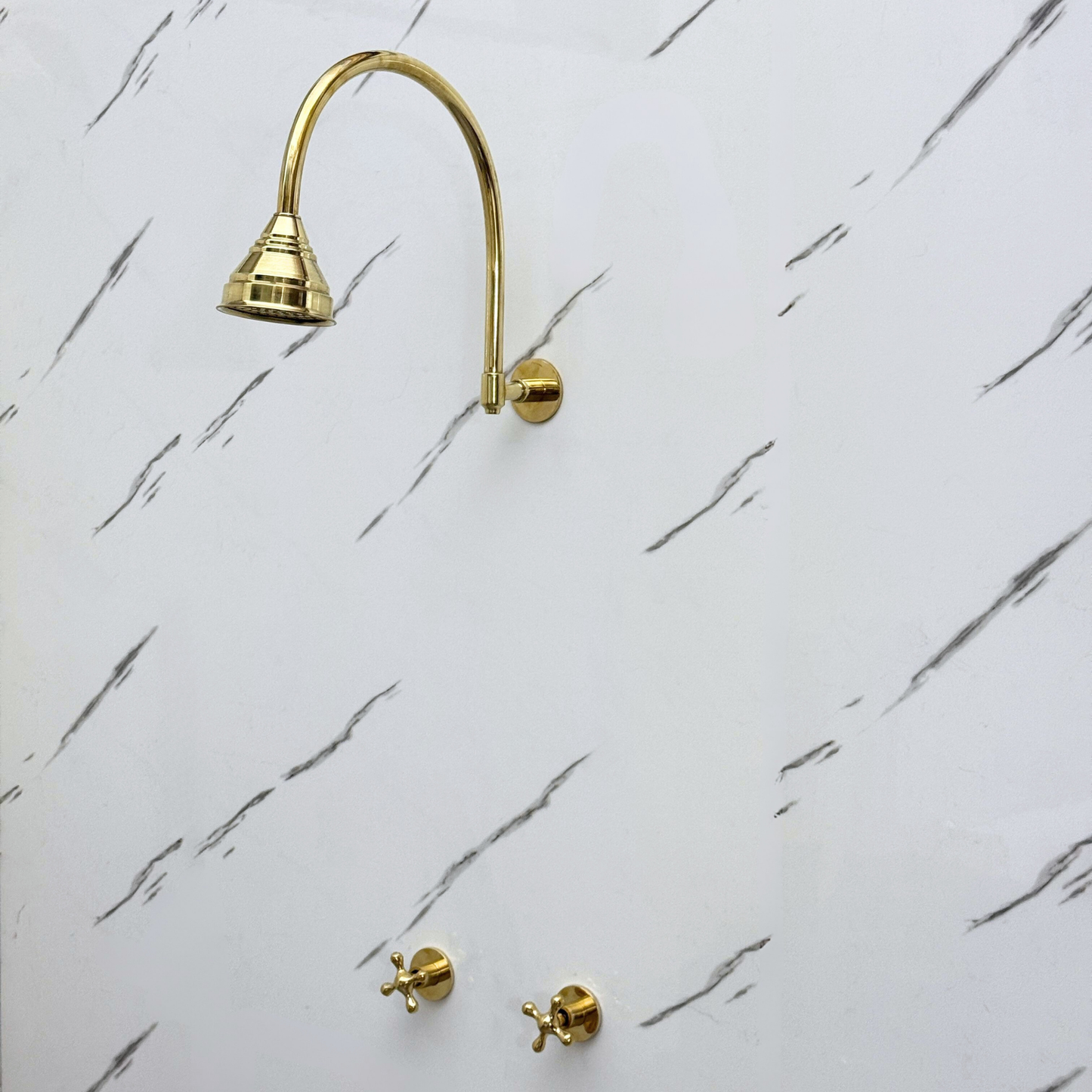 Unlacquered Brass Shower System with Adjustable Round Rain Shower Head, Arcuate Arm and Cross Handles