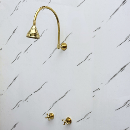 Unlacquered Brass Shower System with Adjustable Round Rain Shower Head, Arcuate Arm and Cross Handles