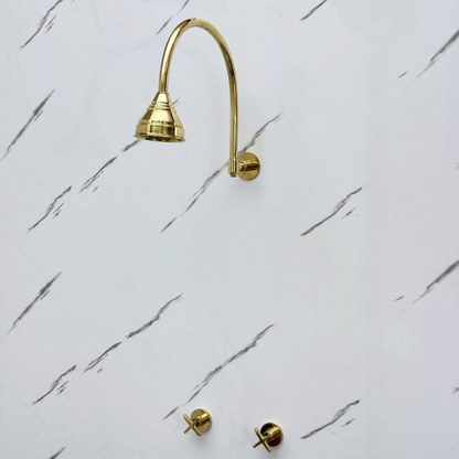Unlacquered Brass Shower System with Adjustable Round Rain Shower Head, Arcuate Arm and Cross Handles