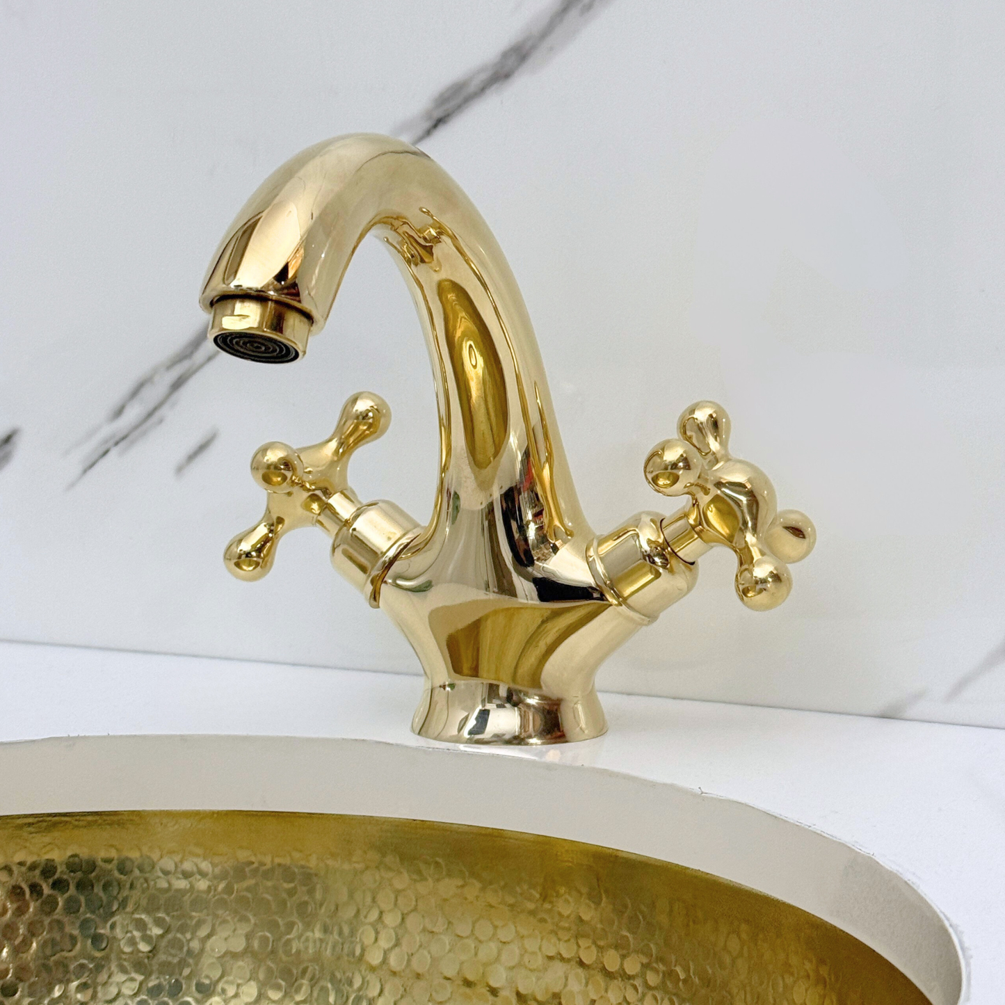 Unlacquered Brass Single Hole Bathroom Faucet with Cross Handles
