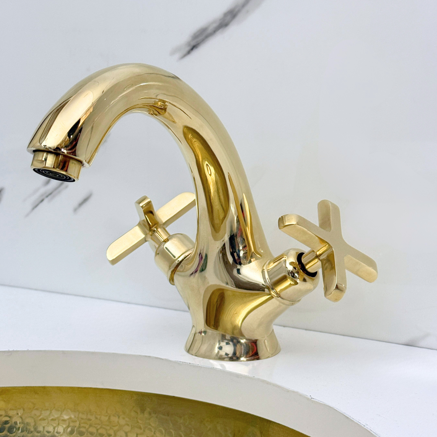 Unlacquered Brass Single Hole Bathroom Faucet with Cross Handles