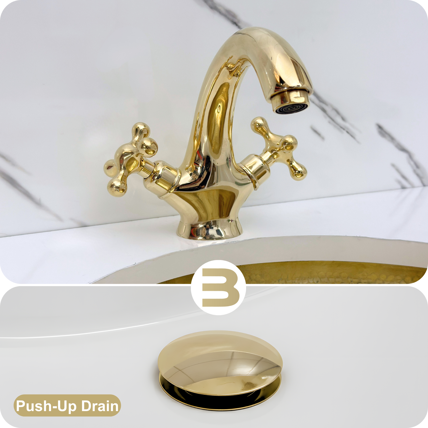Unlacquered Brass Single Hole Bathroom Faucet with Cross Handles, Push-Up Drain & P-trap
