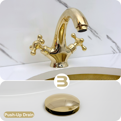 Unlacquered Brass Single Hole Bathroom Faucet with Cross Handles, Push-Up Drain & P-trap