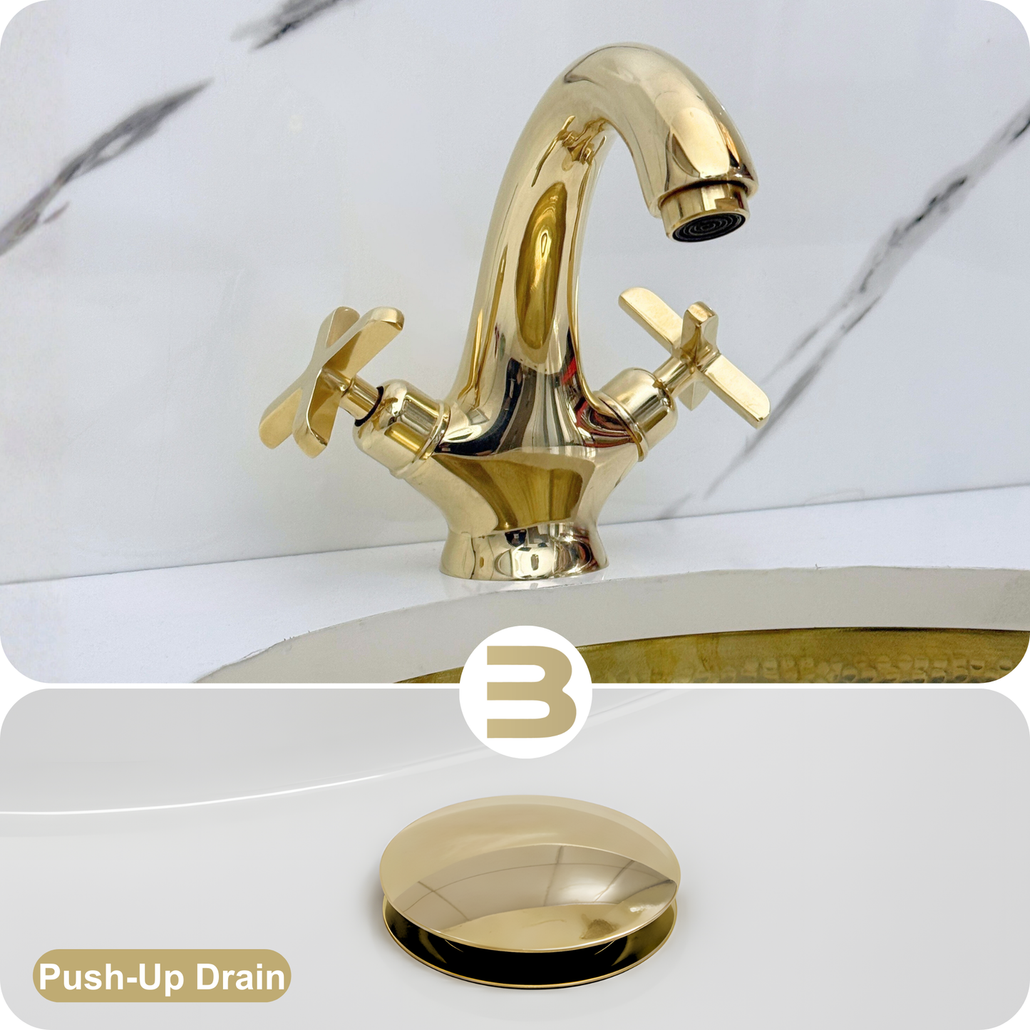 Unlacquered Brass Single Hole Bathroom Faucet with Cross Handles, Push-Up Drain & P-trap